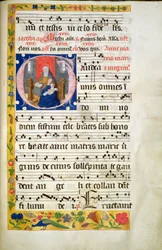 MS.McC.57. f.48r St. Anne tronend, lezend, de Maagd met Kind voor haar gezeten, initiaal van een Antifoon, eind 15e eeuw