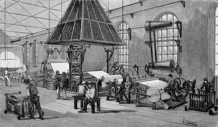 Machine voor het maken van continu papier. Gravure uit de 19e eeuw