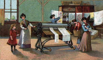 Strijkmachine. Chromolithografie van het einde van de 19e eeuw.