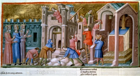 Metselaars, steenhouwers en arbeiders op een bouwplaats van een miniatuurstad uit de 14e eeuw, "Psalter van Canterbury", B.N., Parijs