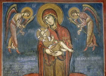 Madonna met Kind tussen Aartsengelen, fresco (1192), Panayia Tou Araka Kerk (Kerk van Onze-Lieve-Vrouw van de Erwt) (Unesco Werelderfgoedlijst, 2001), Lagoudhera, Troodos-gebergte, Cyprus