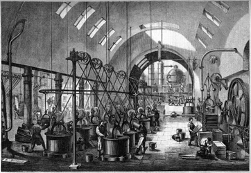 Hoofdwerkplaatsen van de grote suikerraffinaderij van Launay, eigendom van de heer Cedard in Nantes in 1864