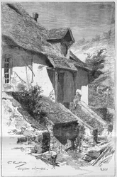 Huis van George Sand, Franse schrijfster, in Gargilesse aan de oevers van de Creuse in Frankrijk. Gravure in Le Monde Illustré