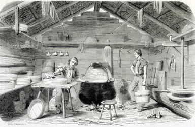 Het maken van Gruyère kaas in een Zwitsers chalet, of kaasfabriek in de Alpen - in De wonderen van de industrie door Louis Figuier