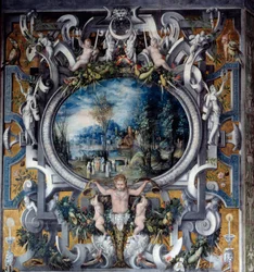 Mantel van de schoorsteen van het eerbetoon aan Julius Caesar in de kamer van de Romeinse helden. Anoniem schilderij. Rond 1547.