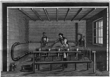 Productie van vaseline. Opstelling van een filtratie-eenheid op het zwarte dier. Gravure uit 1885.