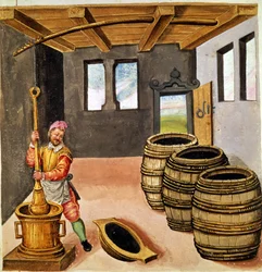 Fabricage van buskruit - in Manuale di pirotechnia, armeria e fortificazioni uit de 16e eeuw.