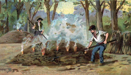 Houtskoolproductie, verbrandingsoven. Chromolithografie van het einde van de 19e eeuw.