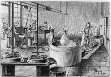Fabricage van gruyère: een moderne kaasfabriek. Gravure in 