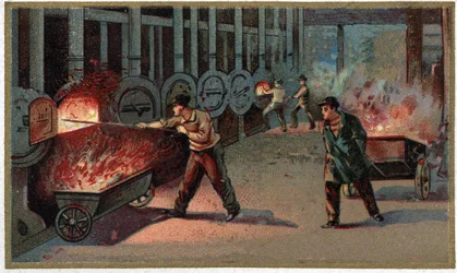 Fabricage van lichtgas: laden van cornu. Chromolithografie van het einde van de 19e eeuw.