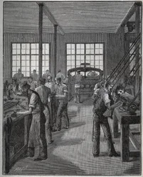 Fabricage van pennenhouders en potloodhouders. Gravure uit 1885 in 