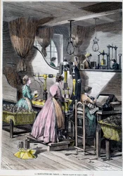 Tabaksproductie, verpakking van tabak om te roken. Lithografie van 1867