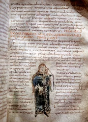Manuscriptpagina uit "De simplicibus medicamentis" van Claude Galien (v. 131 - v. 201). 8e of 9e eeuw. Governativa van Lucca