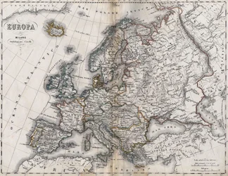 Kaart van Europa. Tweede helft van de 19e eeuw. Italiaans Atlas. Stabilimento Civelli. Milaan.