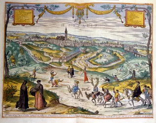 Kaart van de stad Sevilla in 1590. Rechtsonder in de afbeelding maken de dorpelingen grapjes over een bedrogen man op zijn ezel.