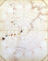 Kaart met Gibraltar, Marokko en de Canarische Eilanden. 15e-eeuwse Portulan
