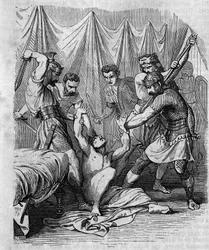 Marcus Hordeonius Flaccus, Romeins senator, in de 1e eeuw door zijn eigen soldaten afgeslacht. Gravure uit de 19e eeuw.