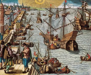 Maritieme handel en handel met de Spaanse Indes (kolonie), in het bijzonder de teelt van suikerriet. Vertrek uit de haven van Lissabon naar Oost-Indië, Amerika en Brazilië
