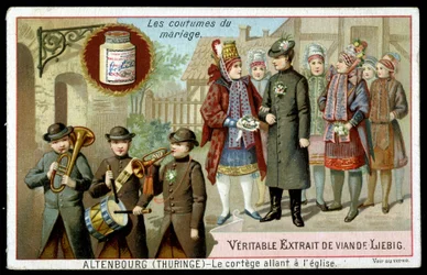 Huwelijksgebruiken: de processie naar de kerk in Altenburg (Thüringen) - chromo. Liebig, ca. 1895