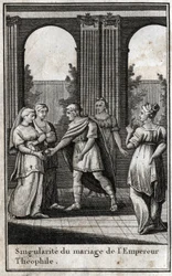 Huwelijk van de Byzantijnse keizer Theophilus (813-842): nadat hij de mooiste vrouwen in het koninkrijk had verenigd om een vrouw te vinden, koos hij Theodora en bood haar een gouden appel aan. Gravure in 