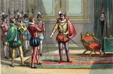 Bloedbad van Sint-Bartholomeus, de hertog van Condé en Hendrik van Navarra werden naar Karel IX, koning van Frankrijk (1550-1574) gebracht, die hen de keuze bood tussen mis en dood. Catherine de Medici (Caterina de Medici) (1519-1589) observeert de scène. 