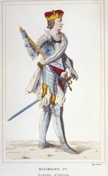 Maximiliaan I (van Habsburg). Aartshertog van Oostenrijk, Koning van de Romeinen en Duits keizer (1459 - 1519). Gravure uit 1830