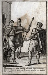 Maximianus Hercules (Marcus Aurelius Valerius Maximianus) (circa 250-310), Romeins keizer, wordt bevangen door angst bij het zien van Constantijn (Constantijn I, Flauius Valerius Aurelius Constantinus, 272-306), zijn schoonzoon, die hij denkt te hebben ver