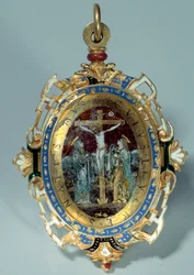 Medallion in email op rond gouden bult decoratie kruisiging en vlucht naar Egypte