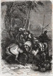 Ontmoeting van Marphise, Astolphe en Sansonnet - gravure van 1851 uit 