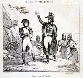 Ontmoeting van Napoleon Bonaparte en Pasquale of Pascal Paoli (1725 - 1807), Corsicaanse patriot. Gravure 19e eeuw