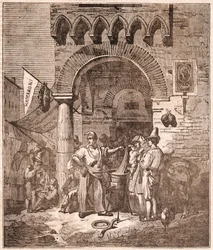 Handelaar kookt pasta in een pan, Italiaanse scène (gravure)