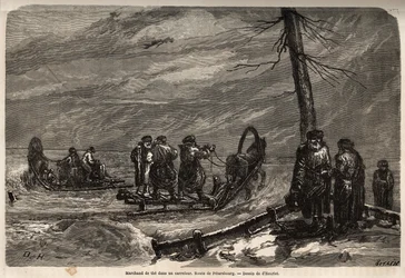 Handelsreiziger op een sneeuwkruispunt van de weg naar Sint-Petersburg. Tekening door Henriet, ter illustratie van zijn reis naar de Russische Baltische provincies in 1851-54. Gravure in 