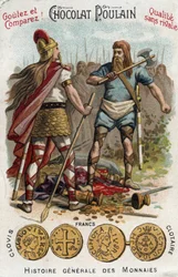 Merovingen: Clovis I doodt de soldaat die het vat van Soissons had gebroken, in 486. In Algemene Geschiedenis van Munten. Chocoladeveulen chromolithografie van het einde van de 19e eeuw. Privécollectie.