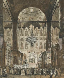 Mis in de kathedraal van de Dormitie in het Kremlin van Moskou