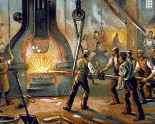 Metallurgie: trommelhamer - IJzerproductie. chromolithografie 1890.
