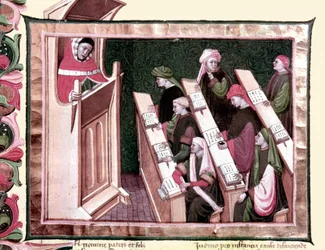 Middeleeuwen: onderwijs aan een universiteit. Manuscript uit het begin van de 15e eeuw. Nationale Centrale Bibliotheek van Florence.