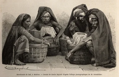 Melkverkopers, in de straten van Madras (het huidige Chennai, Tamil Nadu). Gravure ter illustratie van de reis in de zuidelijke provincies van India, door Alfred Grandidier, in 1862-1864, gepubliceerd in 