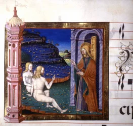 Miniatuur die de schepping van Adam en Eva door God voorstelt. Antifonarium. 15e eeuw. Bibliotheek van Lodi