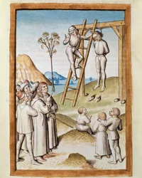 Miniatuur ophangscène uit een Duitse vertaling van de fabels van 