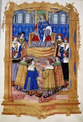 Miniatuur uit de 15e of 16e eeuw die Lodewijk XI (1423-1483) en de ridders van de Orde van Sint-Michiel afbeeldt.