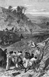 Mijnbouw van een diamantmijn in Afrika in 1869