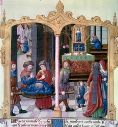 Wonderen van Saint Louis: Koning Louis IX (1214-1270) genas een verlamde. Miniatuur uit een manuscript 