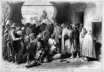 Mont de Piete in Algiers, Algerije. Gravure in "Le Monde illustré" 1883. Privécollectie.