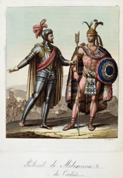 Montezuma II, Azteekse koning, en Hernan Cortes, Spaanse conquistador - in 