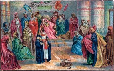Mozes en Aaron tegen de boze Farao Chromolithografie van het einde van de 19e eeuw.