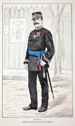 Mr. Roudil, vredesofficier van de autodienst. Kleurgravure, ter illustratie van 