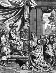 Gemeentelijke magistraten presenteren aan de Franse koning Lodewijk XIV beschrijving van zijn intrede in Parijs