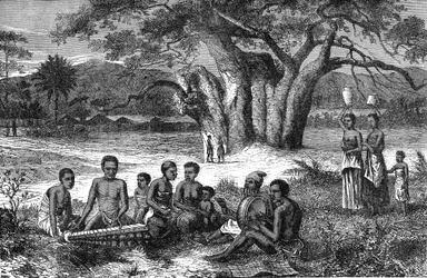 Muzikanten van de oevers van de Zambezi-rivier, Afrika. Gravure 1885