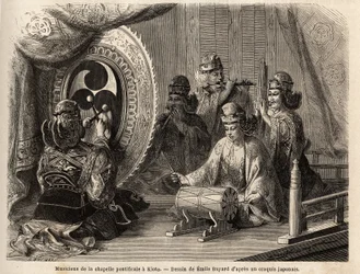 Muzikanten van de pauselijke kapel in Kyoto (of Kioto), spelen vijf heilige instrumenten, dwarsfluit en panfluit, zeeschelp, timpani en kakdaiko, de originele gong. Gravure ter illustratie van de reis naar Japan in 1863-1864, door Aime Humbert, minister va