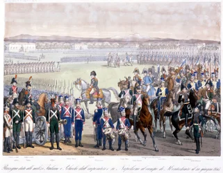 Napoleon Bonaparte inspecteerde de Italiaanse en Poolse militie in Montechiaro in 1805. Gravure uit 1845